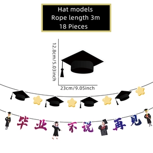 Detail showing graduation banner dimensions with black cap and star cutouts on a 3m string