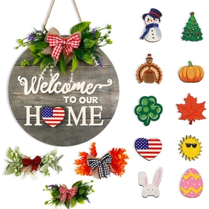 Wooden Round Welcome To Our Home Door Sign With Magnetic Interchangeable Icons Seasonal Holiday Front Hanging Wall Decor