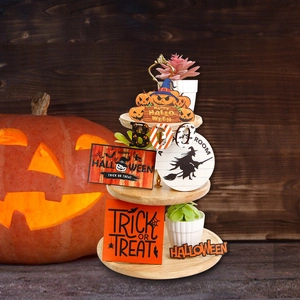 Halloween tiered tray decor set with wooden signs like Trick or Treat and Boo letter boards