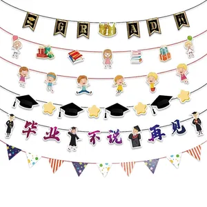 Multilayer graduation party banner set with cartoon students and GRAD gold letters