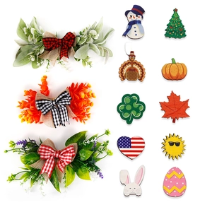 Seasonal welcome door sign with interchangeable holiday icons and greenery bows