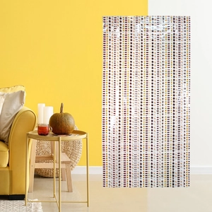 Detail of Halloween tinsel curtain with orange pumpkin and black cat silhouette patterns