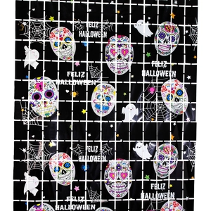 Black Halloween rain curtain fringe with sugar skulls and Feliz Halloween greeting