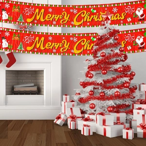 Metallic red Merry Christmas tinsel banner with Santa and snowman for festive party decor