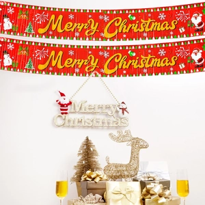 Festive red Merry Christmas banner set with snowman patterns and gold glitter hanging sign
