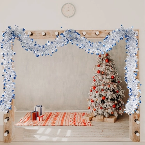 Two-meter silver tinsel garland with blue star sequins for Christmas tree and party decor