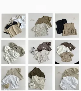 Collage of kids earth-tone cotton outfits including vests and casual cropped pants