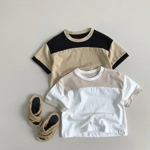 Korean Style Toddler Kids Color Block Cotton T-Shirt Contrast Color Short Sleeve Round Neck Casual Tops For Boys Girls
