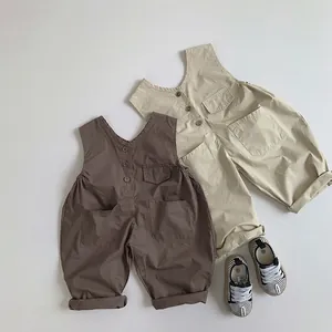 Kids Retro Cotton Bib Overalls Korean Style Solid Color Thin Jumpsuit For Toddlers Boys Girls Comfortable Everyday Outfits