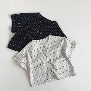 Japanese Style Kids Short Sleeve Cotton Striped Shirt Korean Loose Round Neck Tops For Boys Girls Summer Clothing
