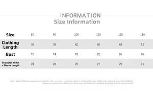 Detailed size chart for kids colorblock cotton T-shirt with measurements for ages 80 to 130