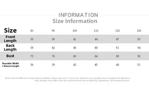 Size chart for kids soft cotton thin shirt showing measurements for sizes 80 to 130