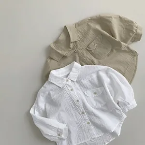 Toddler Kids Cotton Long Sleeve Shirt Solid Color Breathable Lapel Button Down Top For Boys Girls Casual Khaki White