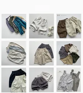 Collage of kids cotton linen pants and shorts in various neutral colors and patterns