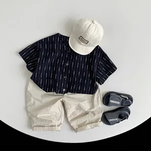 Kids navy blue striped cotton shirt and white shorts set with matching baseball cap