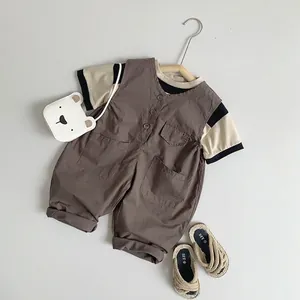 Kids summer outfit featuring dark coffee cotton jumpsuit and striped short sleeve T-shirt