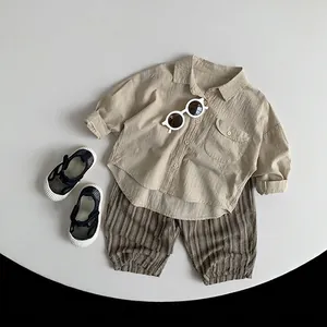 Children's summer cotton linen beige shirt and brown striped shorts two-piece set