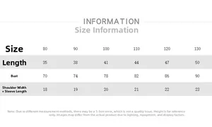 Detailed size chart for kids cotton T-shirt showing measurements for sizes 80 to 130