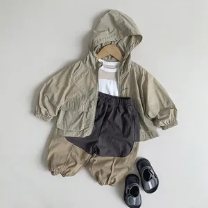 Toddler summer outdoor clothing set with khaki windbreaker and striped long sleeve shirt
