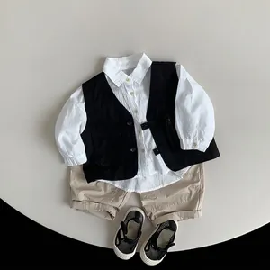 Kids lightweight white shirt with black utility vest and khaki shorts outfit set