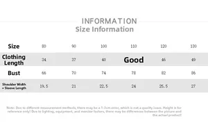 Size chart for kids cotton linen T-shirt showing detailed measurements from 80 to 130 cm