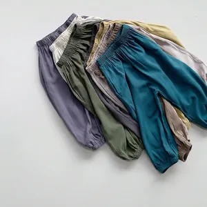 Kids Cotton Mosquito Pants Soft Breathable Summer Harem Pants For Boys Girls Elastic Waist Loose Casual Japanese Style Solid Color Bottoms