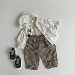 Kids thin sun protection jacket set with casual tee and striped trousers outfit