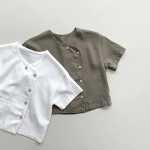 Korean Style Toddler Boys Girls Cotton T-Shirt Solid Color Short Sleeve Top Round Neck Summer Casual Soft Baby Apparel