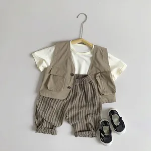 Kids vintage casual three-piece outfit with vest, tee, and striped trousers