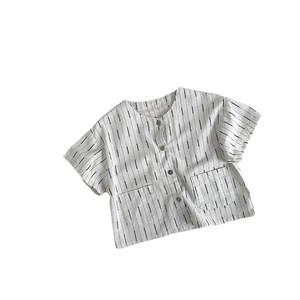 Japanese style kids short sleeve cream shirt with black vertical stripes and pockets