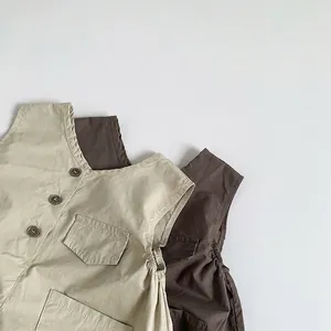 Children's vintage cotton strap jumpsuit in beige and dark coffee with front pockets