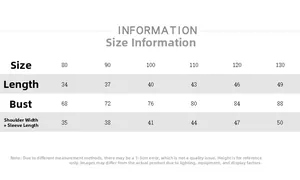 Detailed size chart for kids cooling sun protection jacket showing measurements 80-130