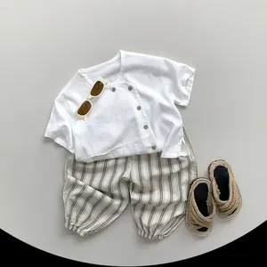 Children's cotton linen white shirt with stripe pants outfit set in Japanese style