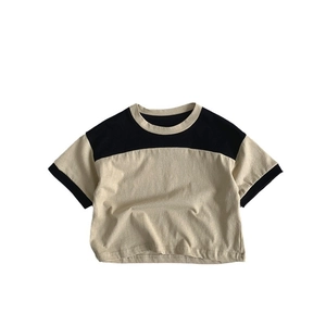 Kids color-block cotton short-sleeve T-shirt in khaki and black, loose casual style