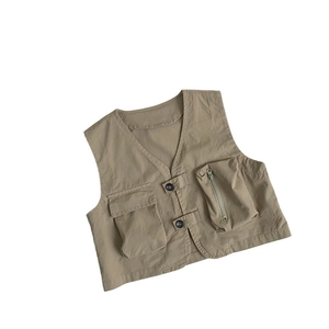 Kids vintage khaki utility vest with multi-pockets and V-neck design for boys and girls