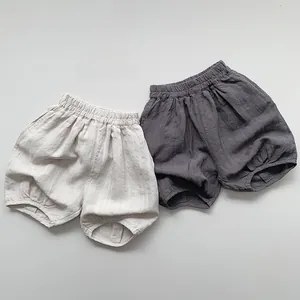 Shorts en coton et lin pour enfants en crème et gris foncé avec ourlets élastiques