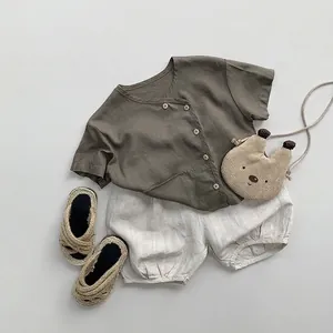 Japanese style linen cotton summer outfit set for kids with dark brown top and white shorts