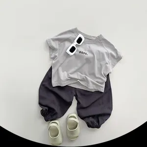 Flat lay of kids grey cotton t-shirt and loose purple joggers with elastic waist