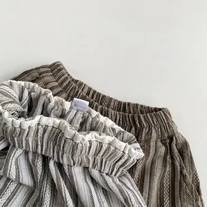 Kids linen striped casual pants with elastic waist in natural earth tones for summer style