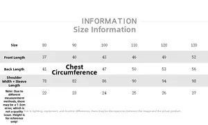 Detailed size chart for kids striped short sleeve shirt showing measurements 80 to 130 cm