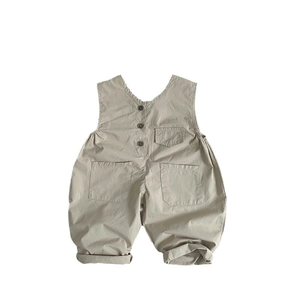 Kids vintage beige cotton overalls with wood buttons and large patch pockets