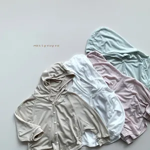 Detail view of lightweight hooded sun protection jackets in four Morandi colors