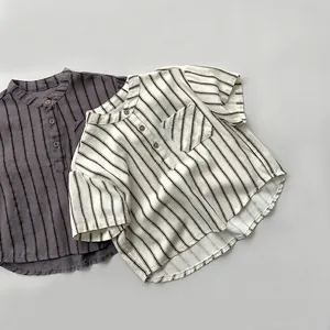 Kids Cotton Vertical Stripe Short Sleeve Shirt Henley Stand Collar Casual Japanese Korean Style Summer Boys Girls Tops
