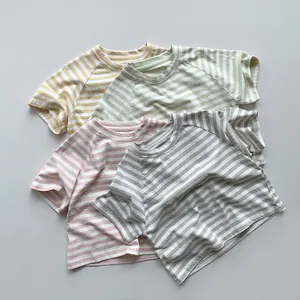 T-Shirt à Rayures en Coton pour Enfants Été Manches Courtes Col Rond Couleur Macaron Style Coréen Haut Décontracté pour Garçons Filles Bébé