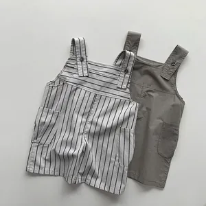 Salopette Estiva per Bambini Pantaloncini a Bretelle in Pelo di Cammello Tuta Casual a Strisce Tinta Unita per Ragazzi e Ragazze