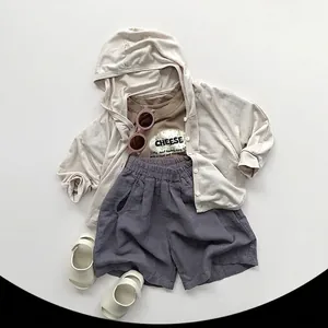Kids thin sun protection summer set with beige hoodie, cheese tee and purple cotton shorts