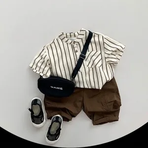 Kids Japanese style striped short sleeve shirt and brown cargo shorts summer outfit set