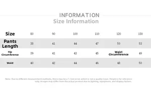 Size chart for children linen pants showing waist and hip measurements for sizes 80 to 130