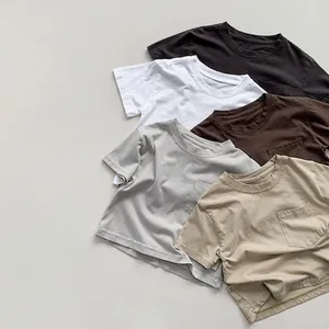 Kids Cotton Short Sleeve T-Shirt Solid Color Patch Pocket Round Neck Casual Summer Tee For Boys Girls