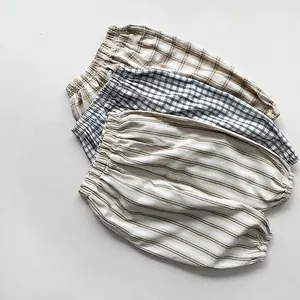 Kids Checkered Striped Mosquito Pants Summer Thin Cotton Breathable Lantern Trousers For Boys Girls Casual Versatile Bottoms